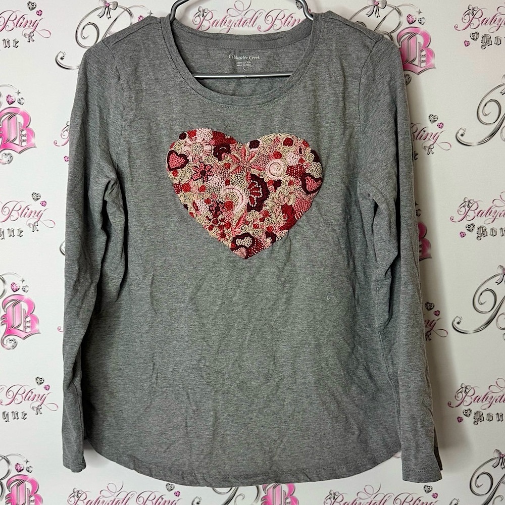 Coldwater Creek Gray Top with Embroidered Heart patch work heart crochet